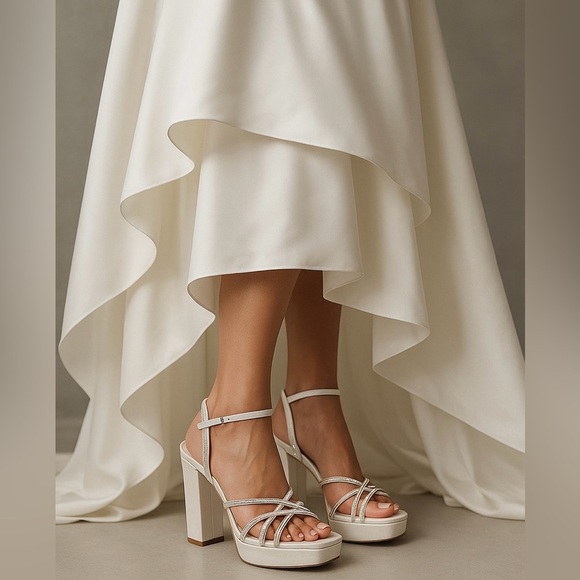 B2458- Badgley Mischka Frida White Satin Rhinestone Platform Sandals Sz 8.5 NWT - Picture 1 of 12